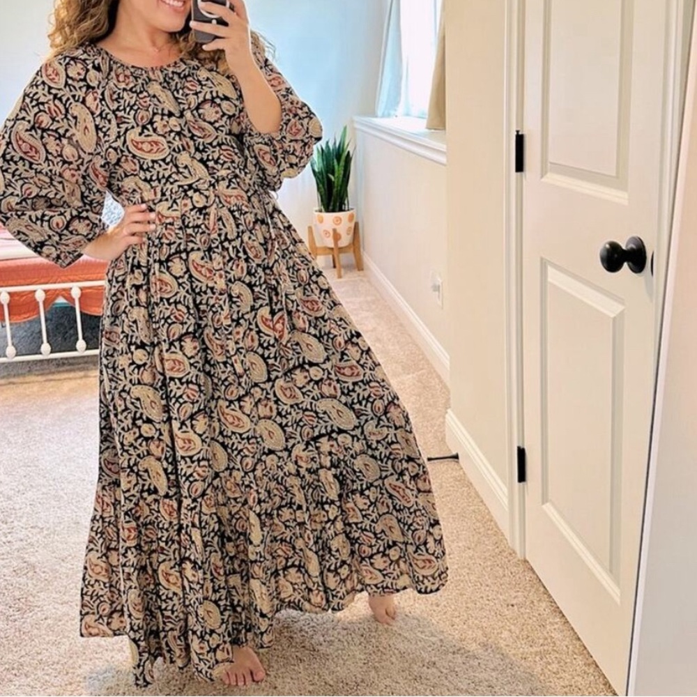 Emerson Fry India Collection Black Cream Red Cotton Floral Maxi Dress Medium